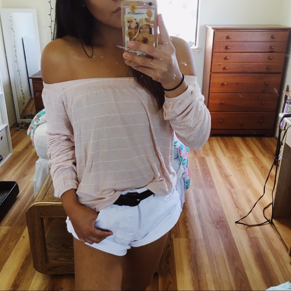 Hollister Pink and White Striped Off-shoulder Top